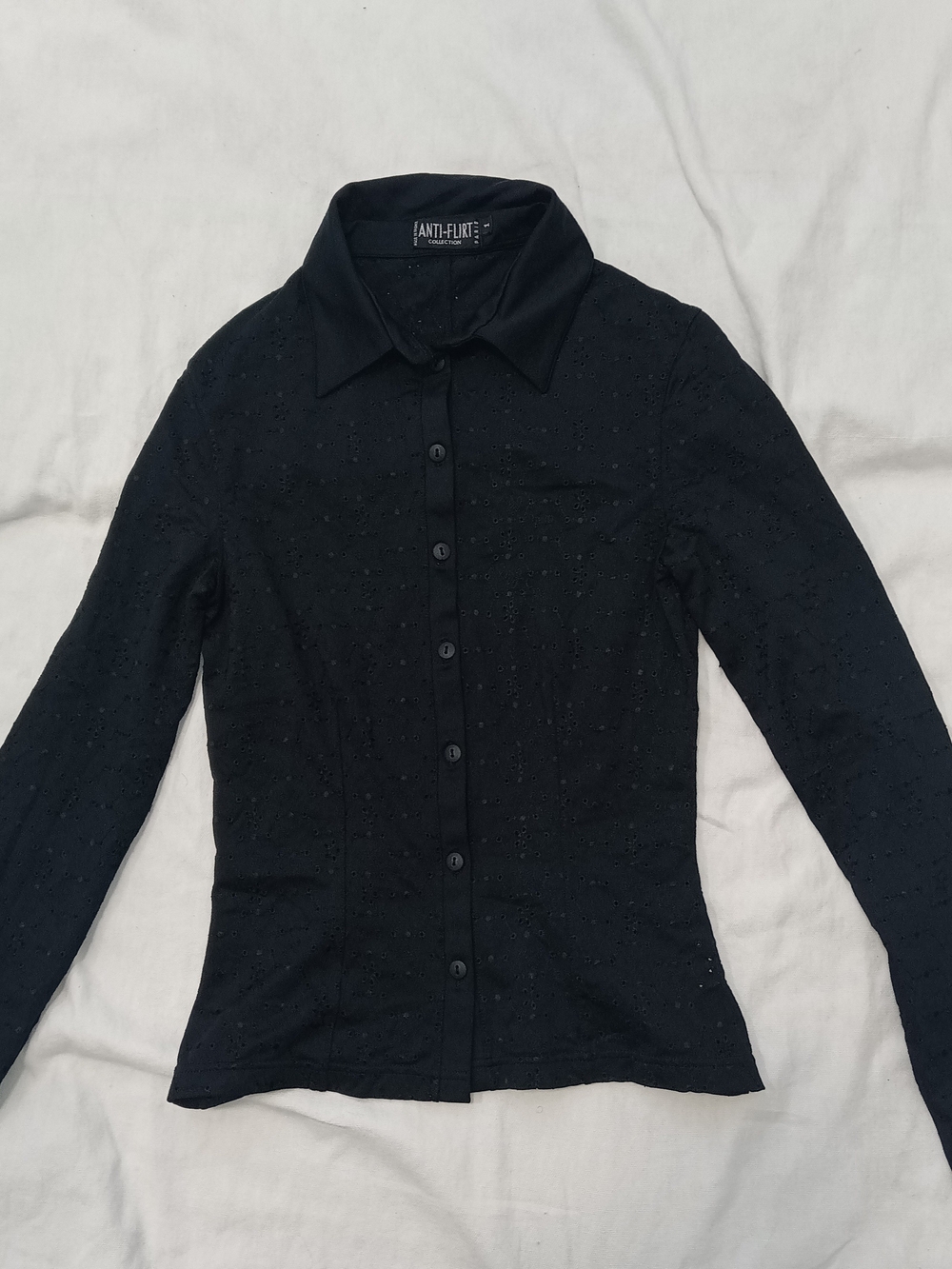 Anti-Flirt Paris Black Eyelet Vintage Button-Down Floral Long Sleeve Shirt